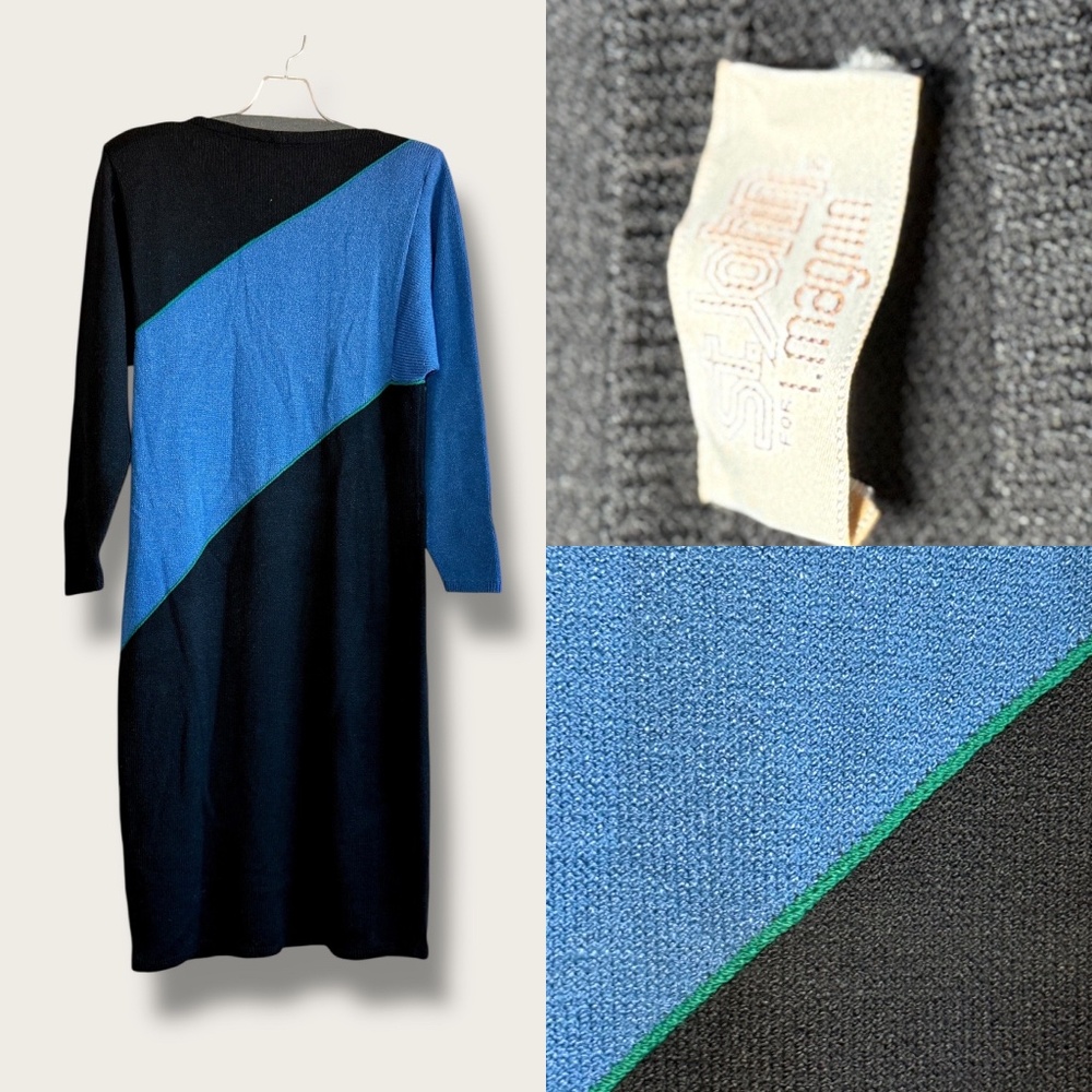 Vintage 1980s St John Wool Black Blue Colorblock Dress for I. Magnin SMALL